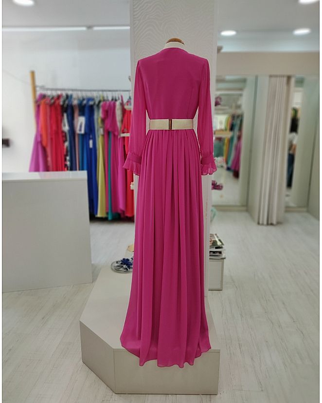 VESTIDO FUCSIA MANGA LARGA CON CINTURÓN  - Foto 1