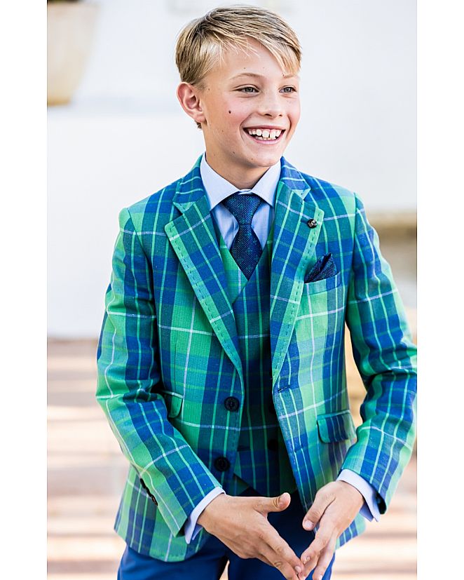 TRAJE DE COMUNIÓN CON CHAQUETA A CUADROS EN AZUL Y VERDE  - Foto 1