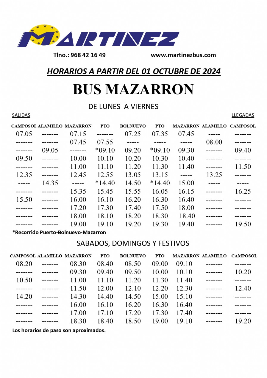 Modificación de horarios en la línea regular Lorca - Alhama - Totana - Puerto de Mazarrón a partir del 1 de octubre