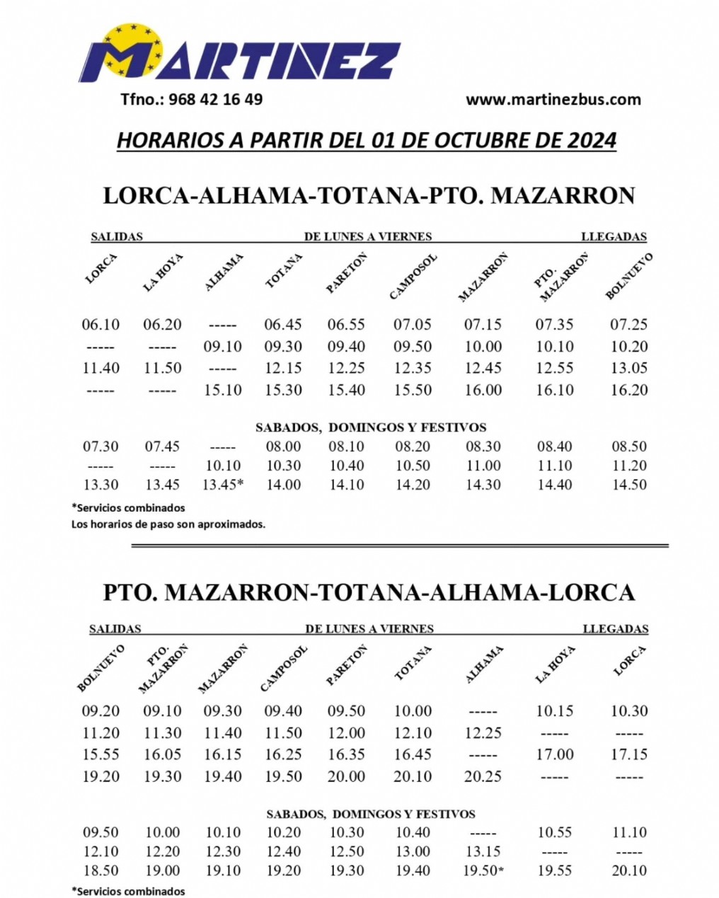 Modificación de horarios en la línea regular Lorca - Alhama - Totana - Puerto de Mazarrón a partir del 1 de octubre