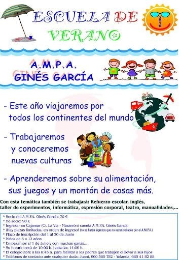 ESCUELA DE VERANO. AMPA CEIP Ginés García Martínez. Niños entre 3 y 12 años.