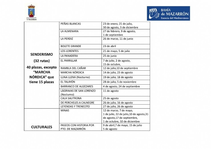 CALENDARIO RUTAS TURÍSTICAS