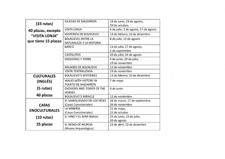 CALENDARIO RUTAS TURÍSTICAS