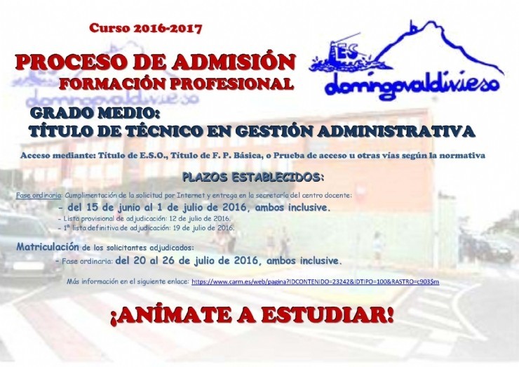 CICLOS FORMATIVOS OFERTADOS POR EL IES DOMINGO VALDIVIESO PARA EL PRÓXIMO CURSO