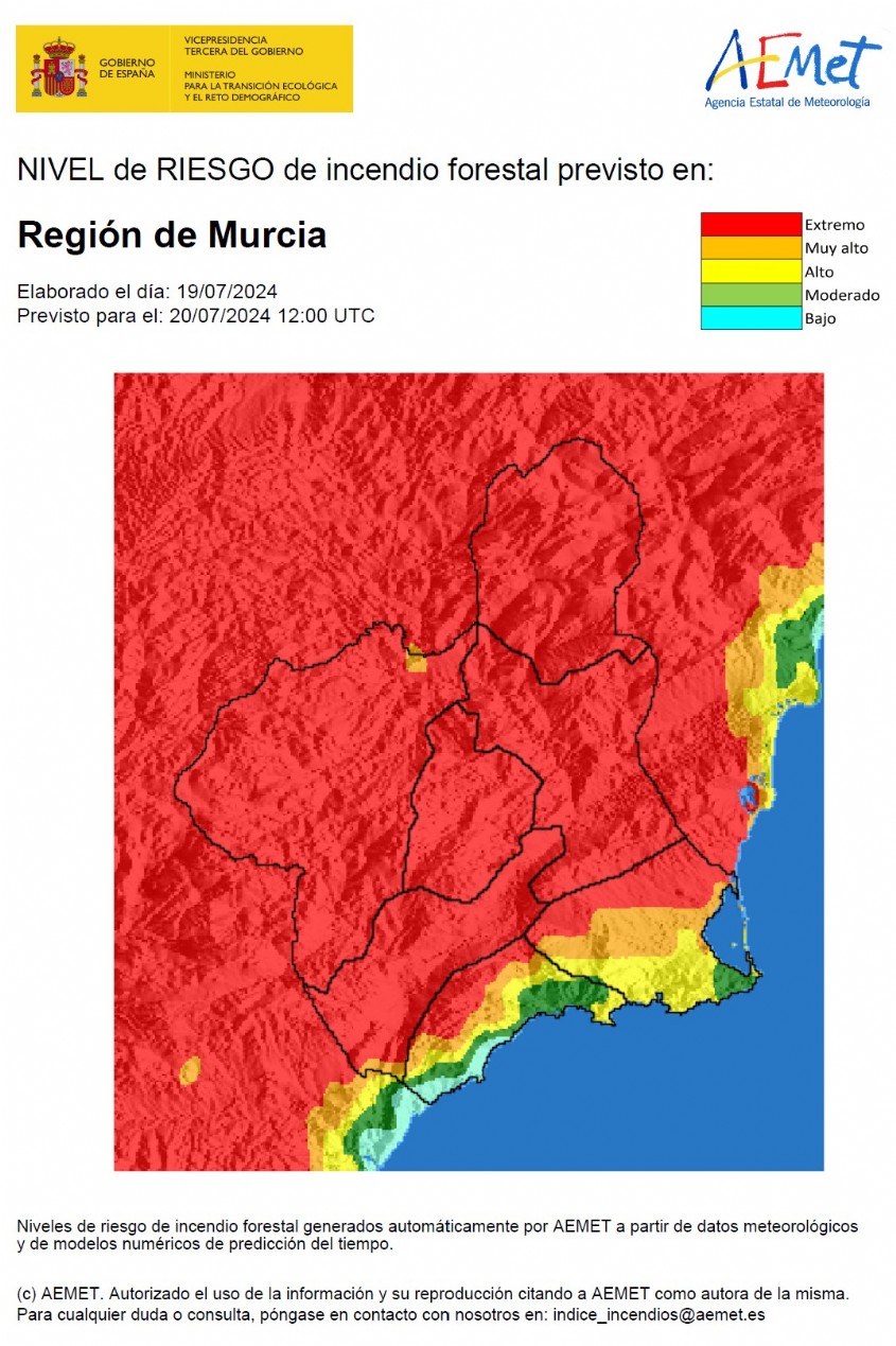 El nivel de riesgo de incendio forestal hoy es extremo en la Región de Murcia